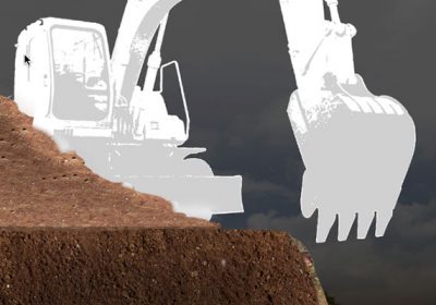 Grunnentrepenorer - tegning av gravemaskin foran jordhaug.